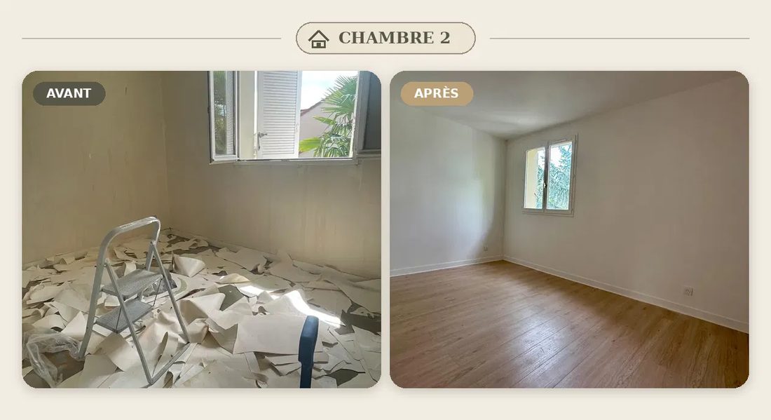Corbeil, chambre 2 : avant, papier peint arraché au sol ; après, pièce refaite, parquet