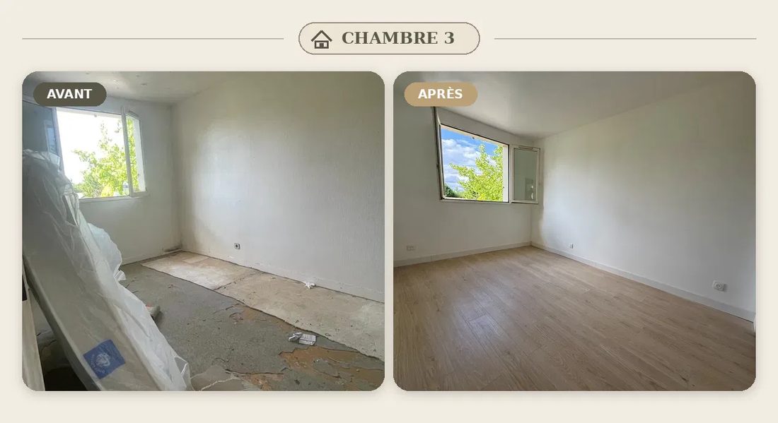 Corbeil, chambre 3 : avant, sol nu abîmé ; après, sol stratifié clair et murs repeints