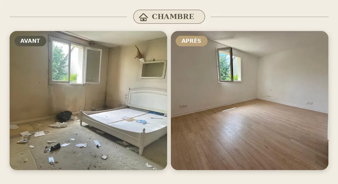 Corbeil, chambre : avant, murs tachés et sol dégradé ; après, murs blancs et parquet