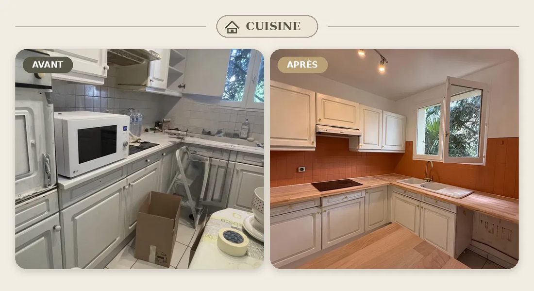 Corbeil, cuisine : avant, cuisine encombrée et vétuste ; après, plan de travail bois, crédence terracotta et éclairage neuf