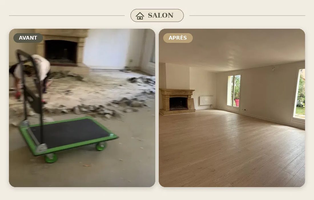 Corbeil, salon : avant, sol arraché en cours de dépose ; après, séjour lumineux avec cheminée et parquet neuf
