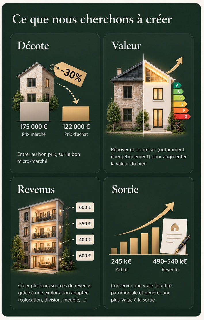 Ce que nous cherchons à créer : décote, valeur, revenus et sortie