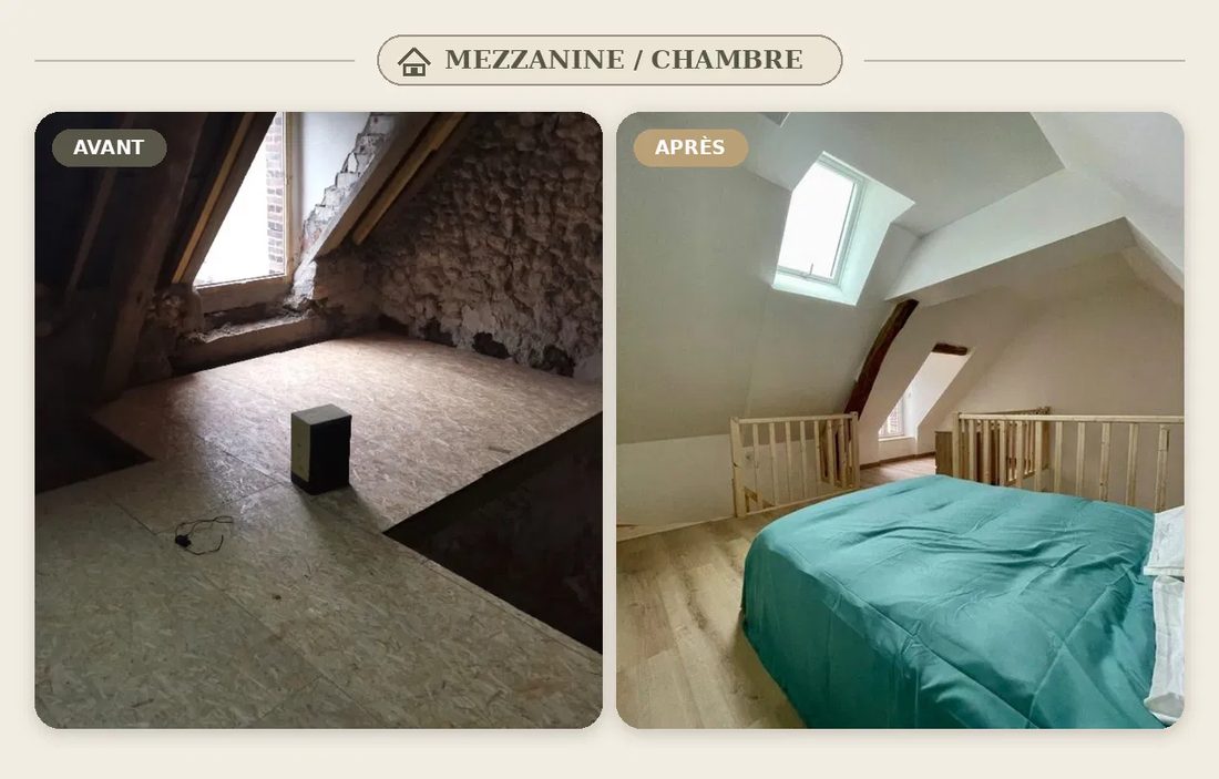 Nemours, mezzanine : avant, plancher brut sous rampants en pierre ; après, chambre lumineuse sous velux avec garde-corps bois