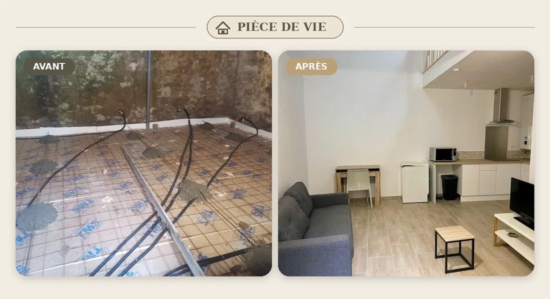 Nemours, pièce de vie : avant, dalle en préparation entre murs bruts ; après, séjour meublé avec cuisine ouverte sous mezzanine