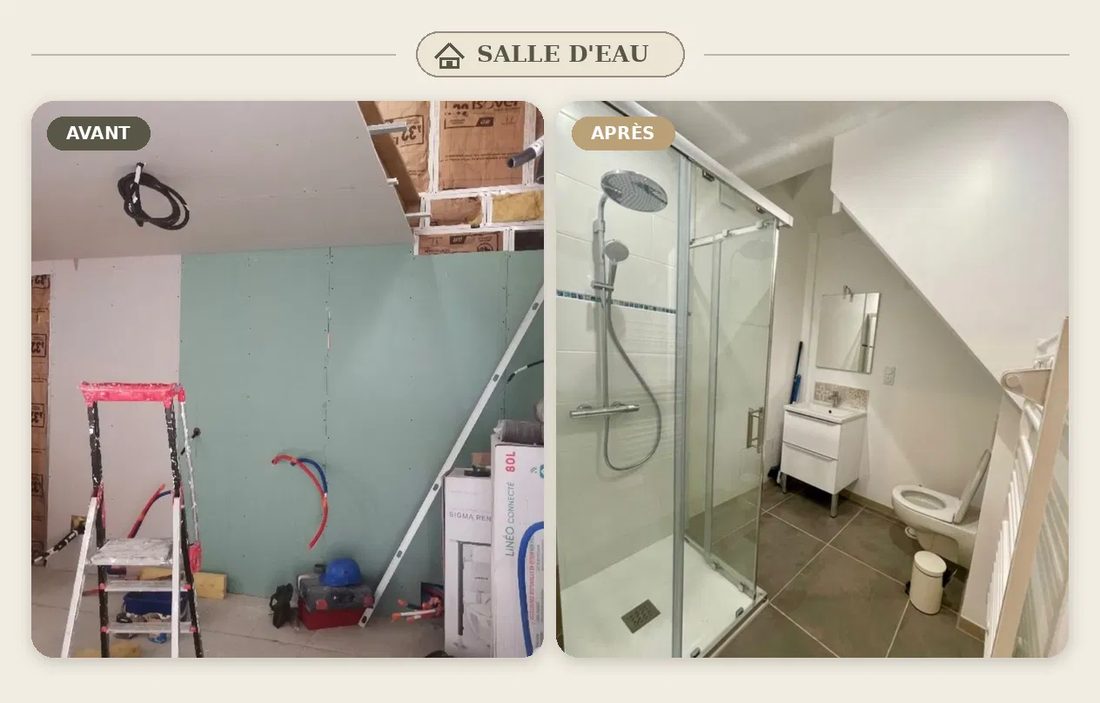 Nemours, salle d'eau : avant, cloisons en cours ; après, douche à l'italienne vitrée, vasque et WC sous l'escalier