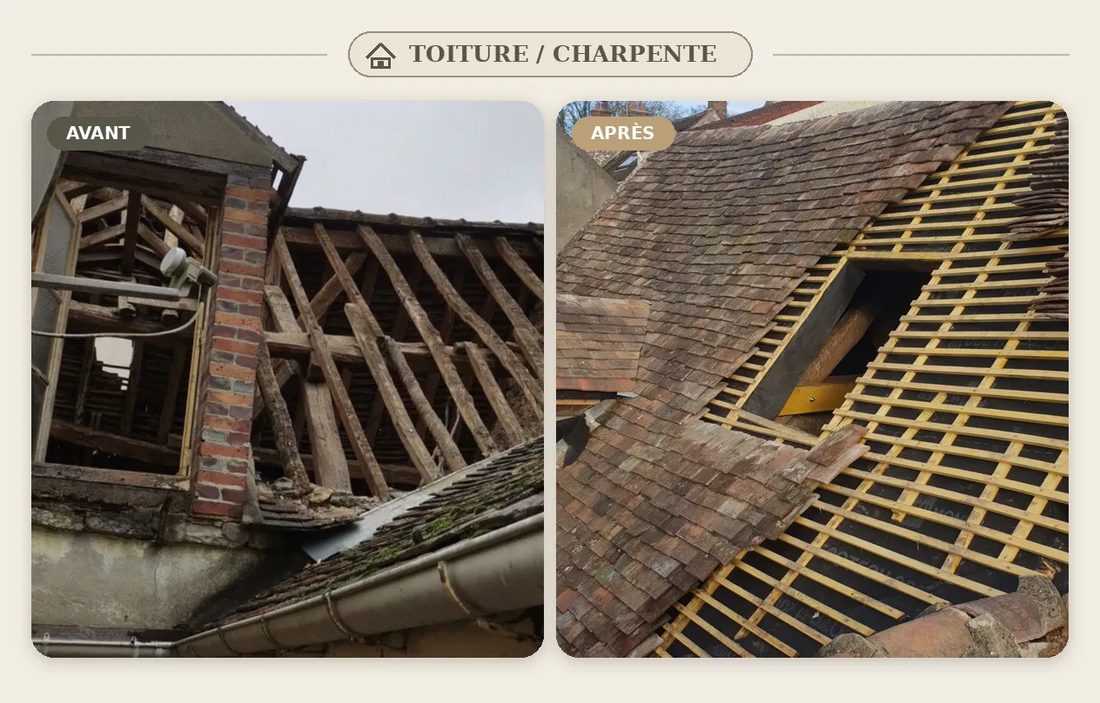 Nemours, toiture et charpente : avant, charpente à nu et dégradée ; après, toiture refaite et ouverture créée